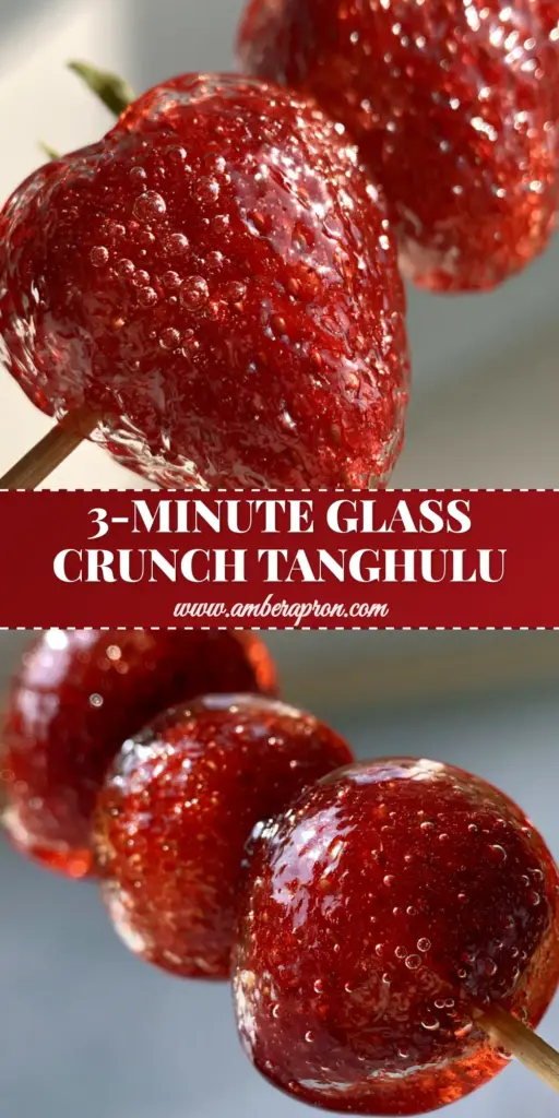 Three large vibrant red strawberries on a wooden skewer with a thin glass-like Tanghulu sugar coating.