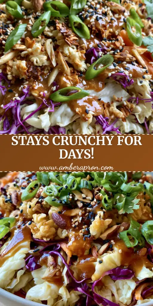 A vibrant Asian Ramen Coleslaw in a matte ceramic bowl with golden-brown ramen noodle clusters, purple cabbage, and a glossy amber dressing.