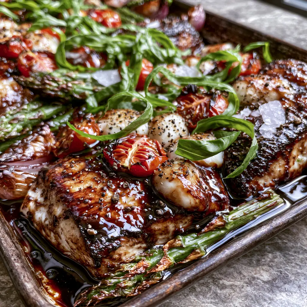Authentic smartphone photo of a sheet pan meal featuring roasted asparagus, caramelized red onions, and melted mozzarella pearls with Balsamic Chicken.
