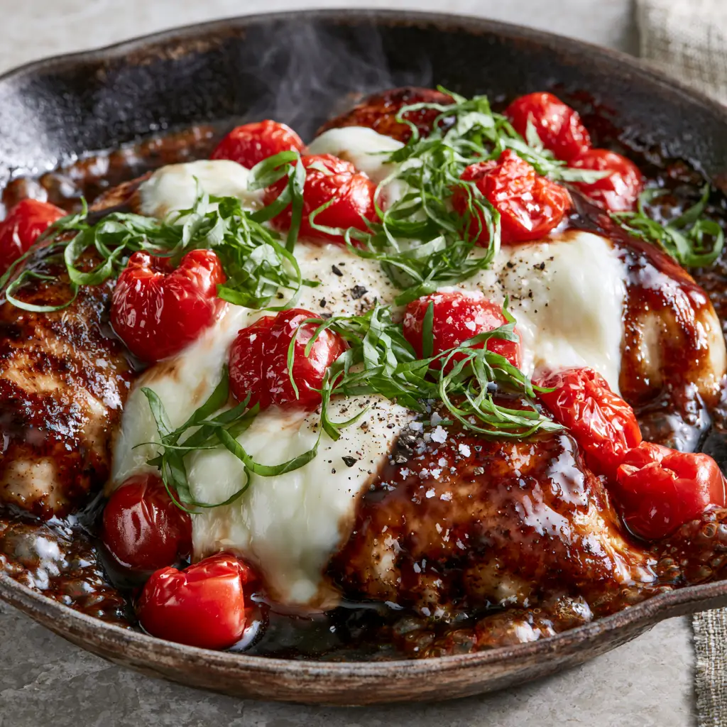 Top-down view of blistered cherry tomatoes and fresh basil ribbons over a seared balsamic chicken breast.