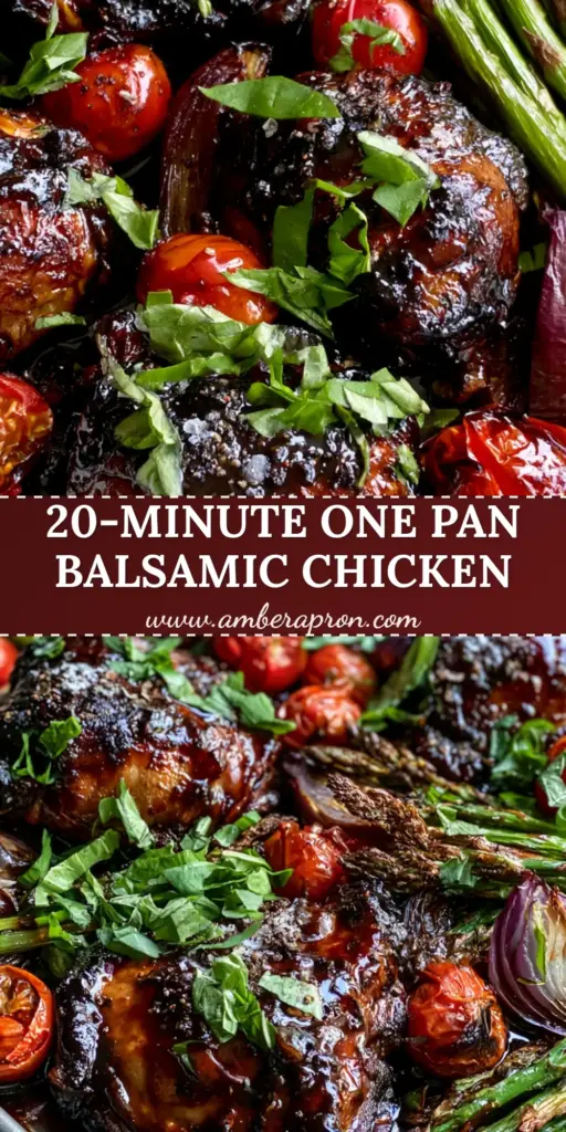 A premium blackened sheet pan holding One Pan Balsamic Chicken with charred mahogany skin, blistered tomatoes, and roasted asparagus finished with fresh basil.