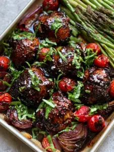 High-angle shot of glazed One Pan Balsamic Chicken thighs on a dark metal pan with roasted green asparagus and red onions.