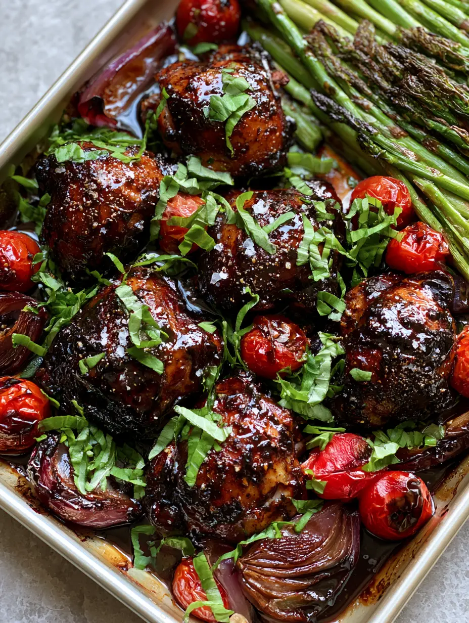 High-angle shot of glazed One Pan Balsamic Chicken thighs on a dark metal pan with roasted green asparagus and red onions.