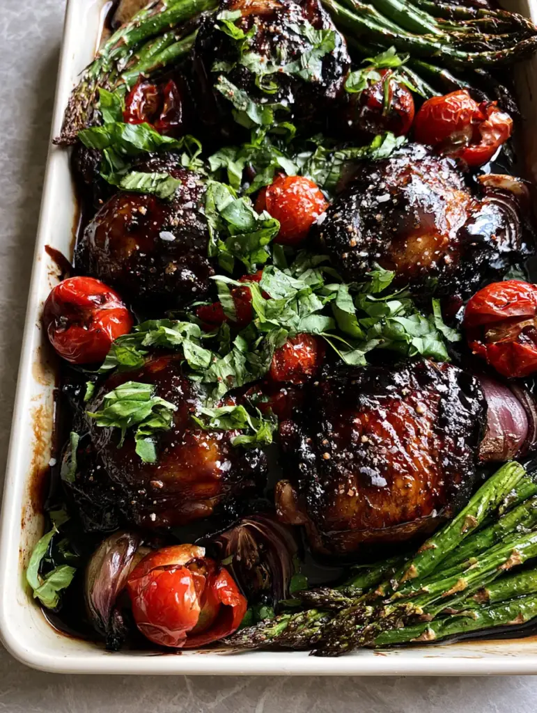 Close up of viscous dark balsamic glaze pooling around blistered cherry tomatoes and seared chicken skin.