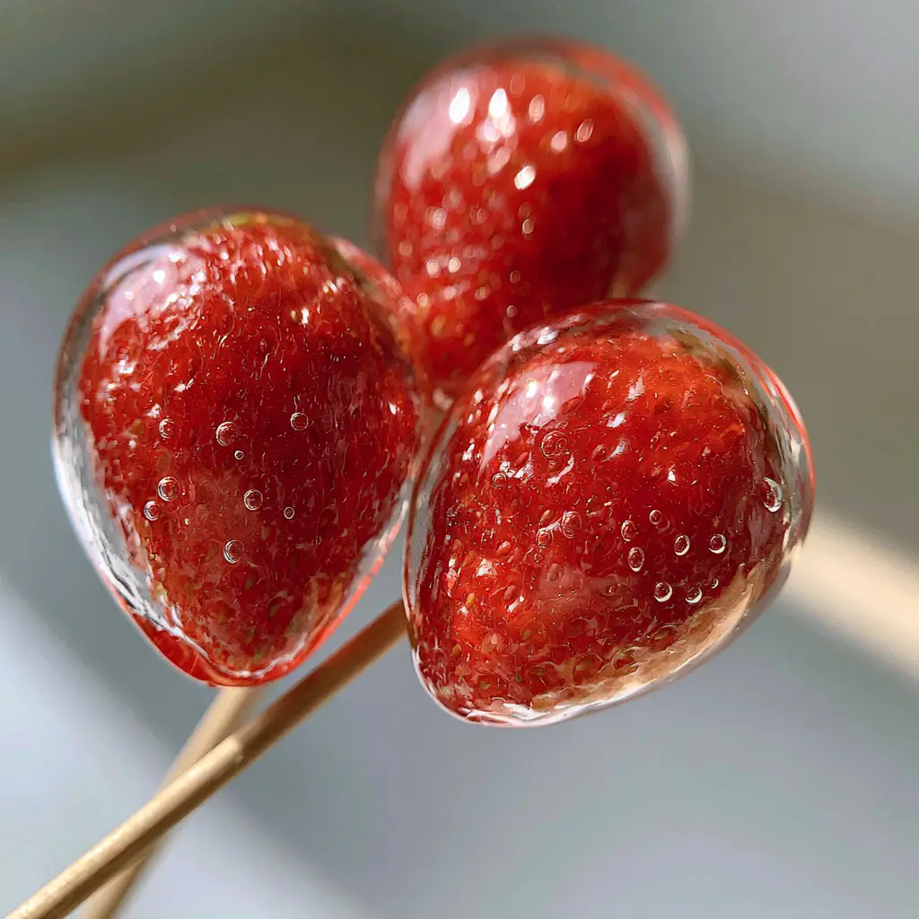 Handheld photo of strawberry Tanghulu held at an angle against a bright kitchen background.