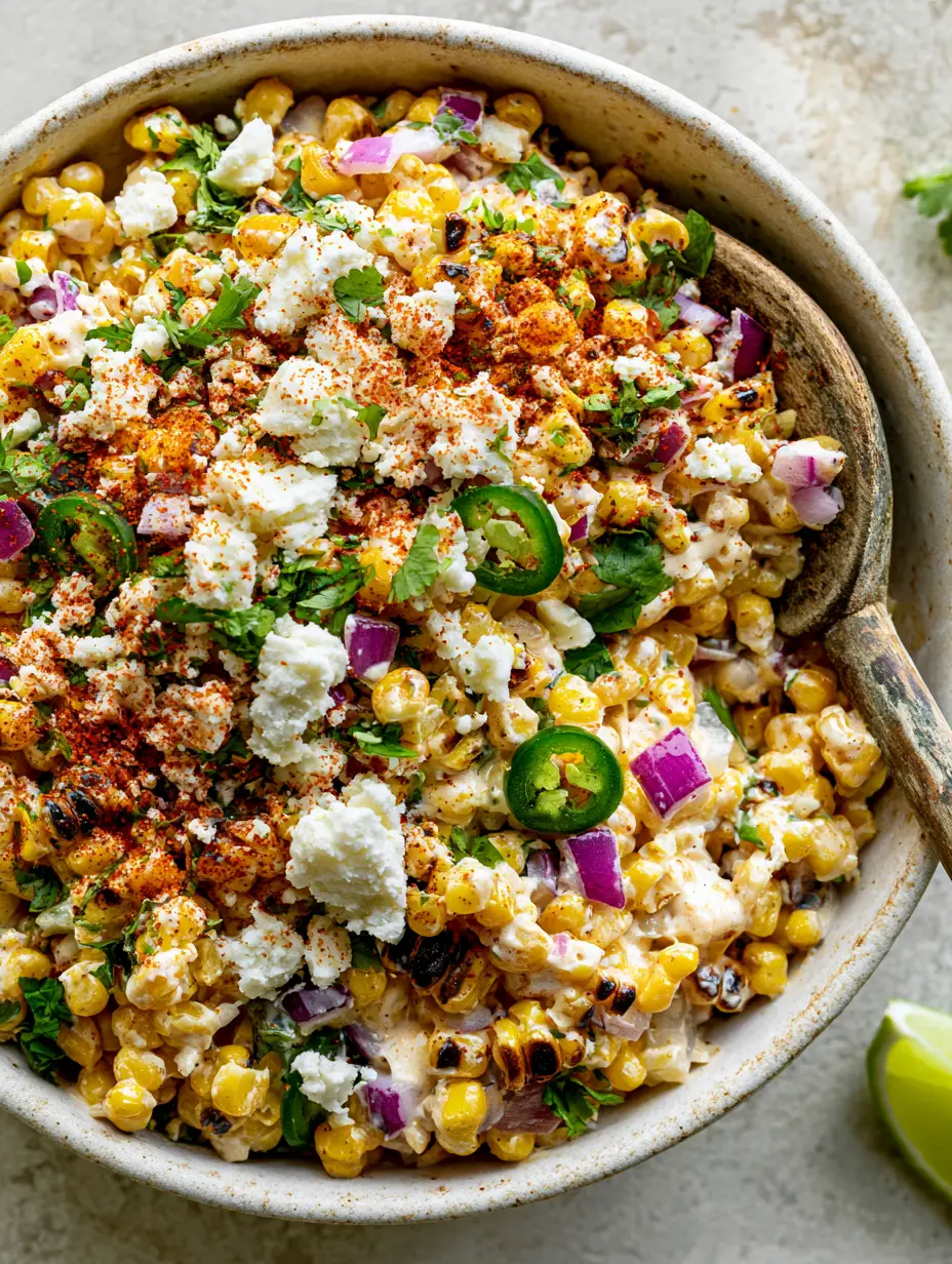 Plump golden yellow sweet corn kernels with dark charred grill marks in a white bowl. (Mexican Street Corn Salad)