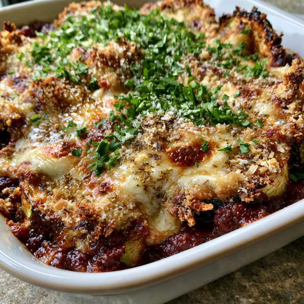 Overhead view of Baked Zucchini Parmesan Casserole featuring bubbly cheese and rich red marinara sauce.