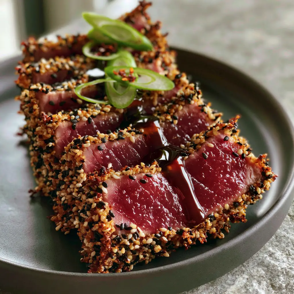 Uniform 1-inch strips of Sesame Ginger Tuna Steak drizzled with a thick dark amber soy-ginger reduction.