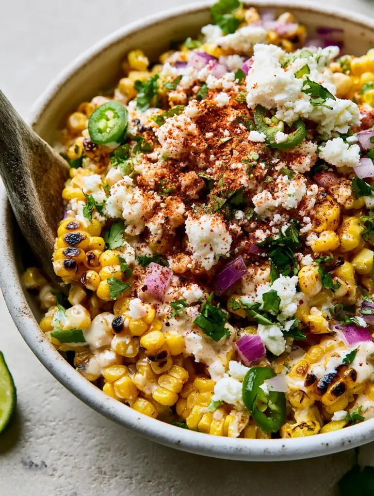 Mexican Street Corn Salad garnished with vibrant red onion, jalapeno rounds, and a heavy dusting of Tajin seasoning.
