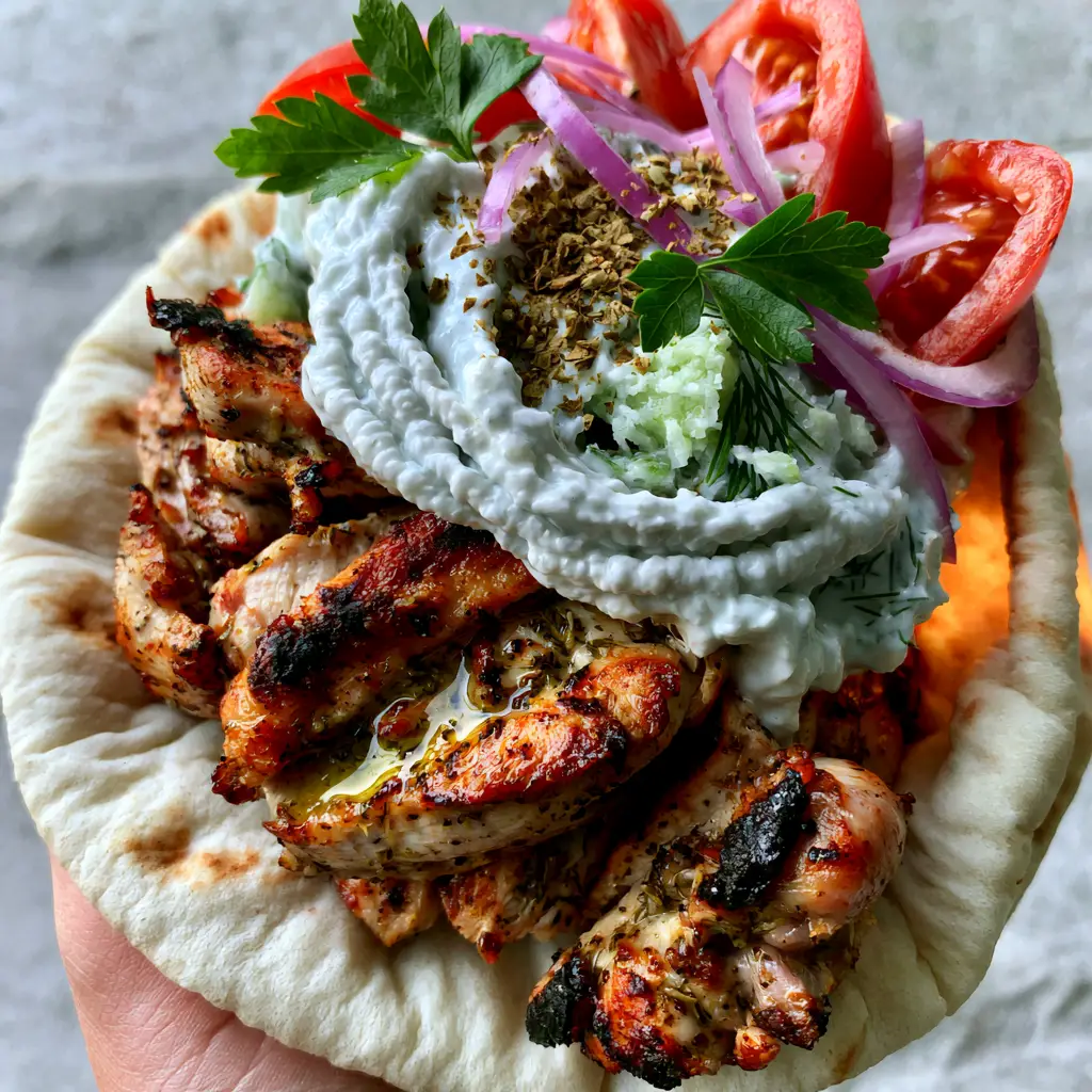 Thick Greek yogurt tzatziki with visible bits of cucumber and dill layered on a pillowy pita. (chicken gyro recipe)