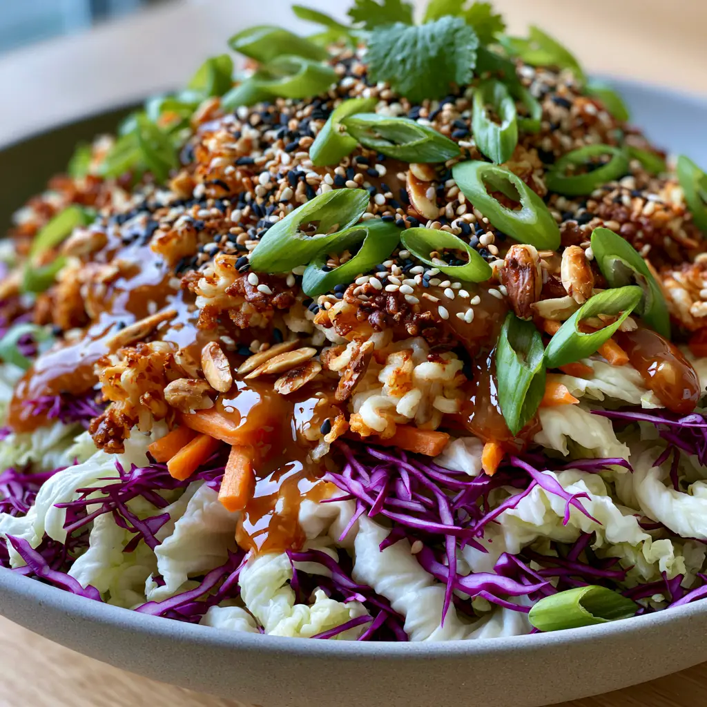 Vertical smartphone photo of Asian Ramen Coleslaw in a modern bowl on a light wooden tabletop. (Asian Ramen Coleslaw)