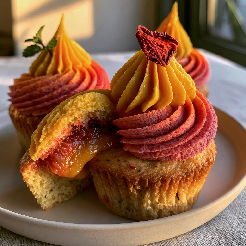 A cut-open mango strawberry sunset cupcake revealing a thick glossy fruit reduction center.