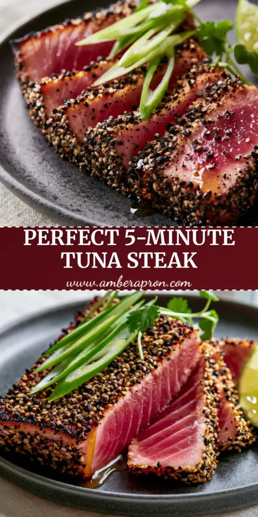 A thick-cut Ahi tuna steak with a sesame crust and rare pink center on a charcoal plate. (tuna steak recipe)