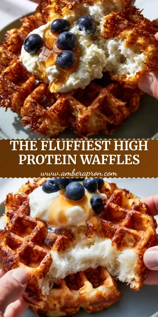 A stack of golden-brown belgian greek yogurt waffles topped with a dollop of yogurt, fresh blueberries, and maple syrup on a marble surface.