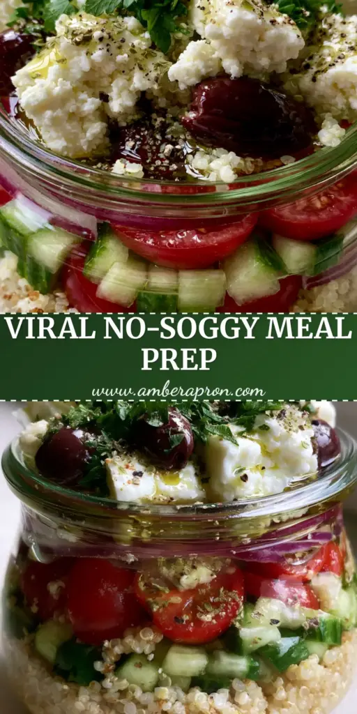 A vibrant Mediterranean Quinoa Salad layered in a glass meal prep jar with toasted quinoa, cucumbers, tomatoes, and feta cheese.