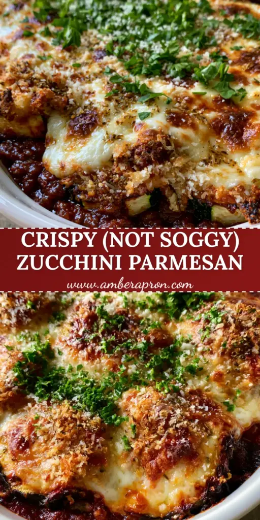 A close-up shot of Baked Zucchini Parmesan Casserole showing the thick panko crust, bubbly mozzarella, and charred zucchini edges in a white ceramic dish.