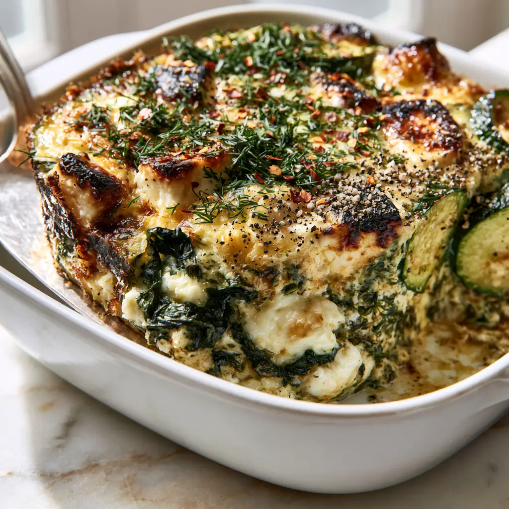 Close up shot of the moist layered interior of a zucchini spinach feta casserole with fresh dill and red pepper flakes.