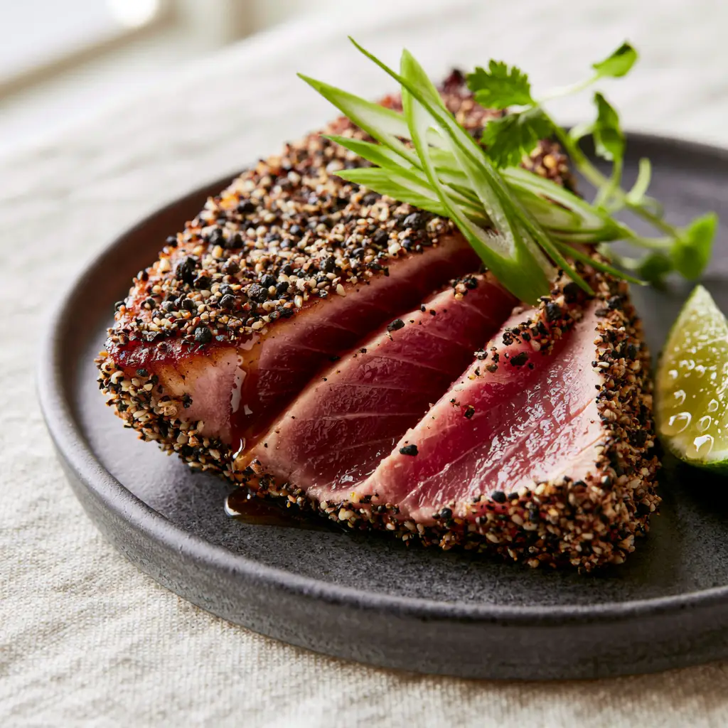 Sliced sesame crusted tuna steak with honey-soy glaze dripping down the side. (tuna steak recipe)