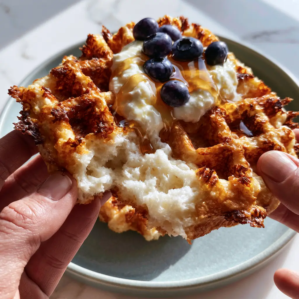 Close-up of greek yogurt waffles with deep crispy square pockets and amber maple syrup catching the morning light.