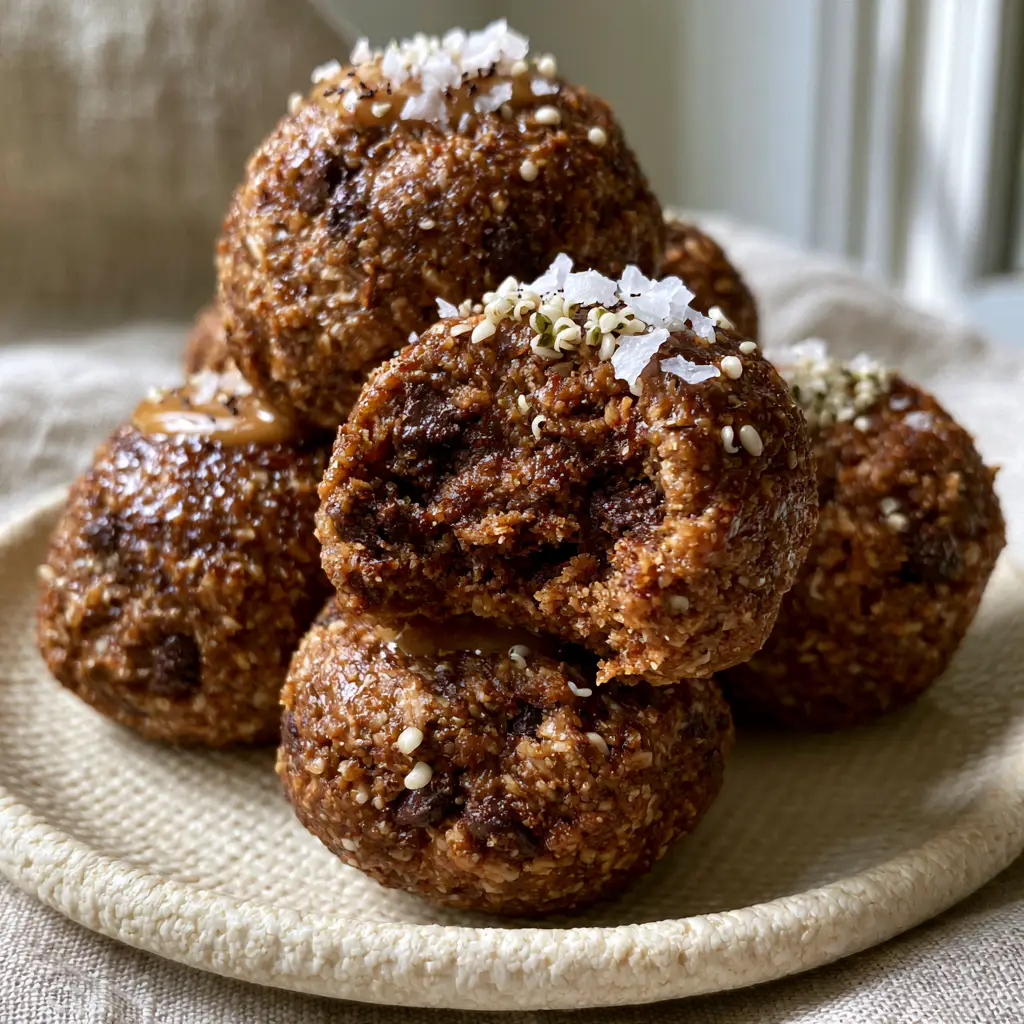 A close-up of high-protein energy balls drizzled with almond butter and sea salt.