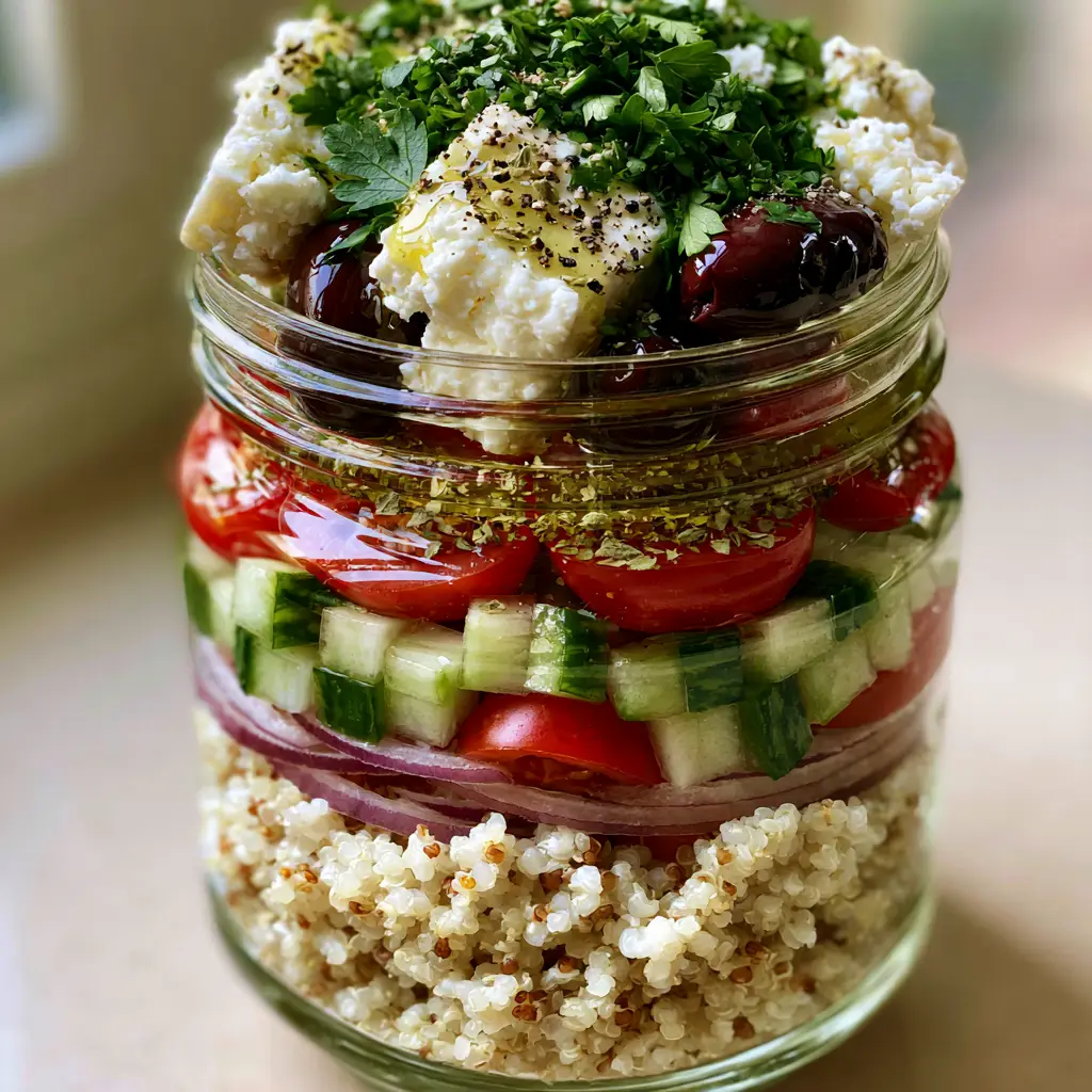 Zesty lemon-herb vinaigrette drizzled over large chunks of feta and Kalamata olives on a Mediterranean Quinoa Salad.