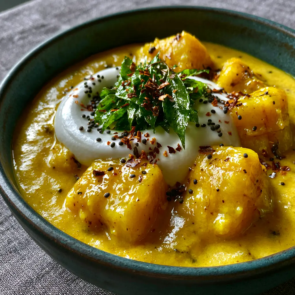 Close-up of a rustic teal bowl featuring plantain curry topped with a coconut cream swirl and bright green curry leaves. (plantain curry)