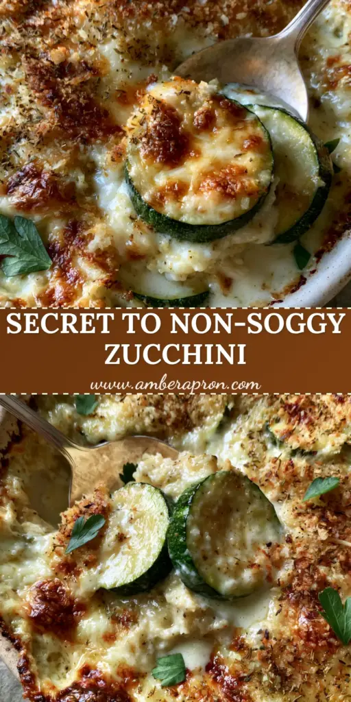 A close-up of a serving spoon lifting a portion of Zucchini and Cheese Casserole from a white dish, showing firm rounds and a golden panko crust.