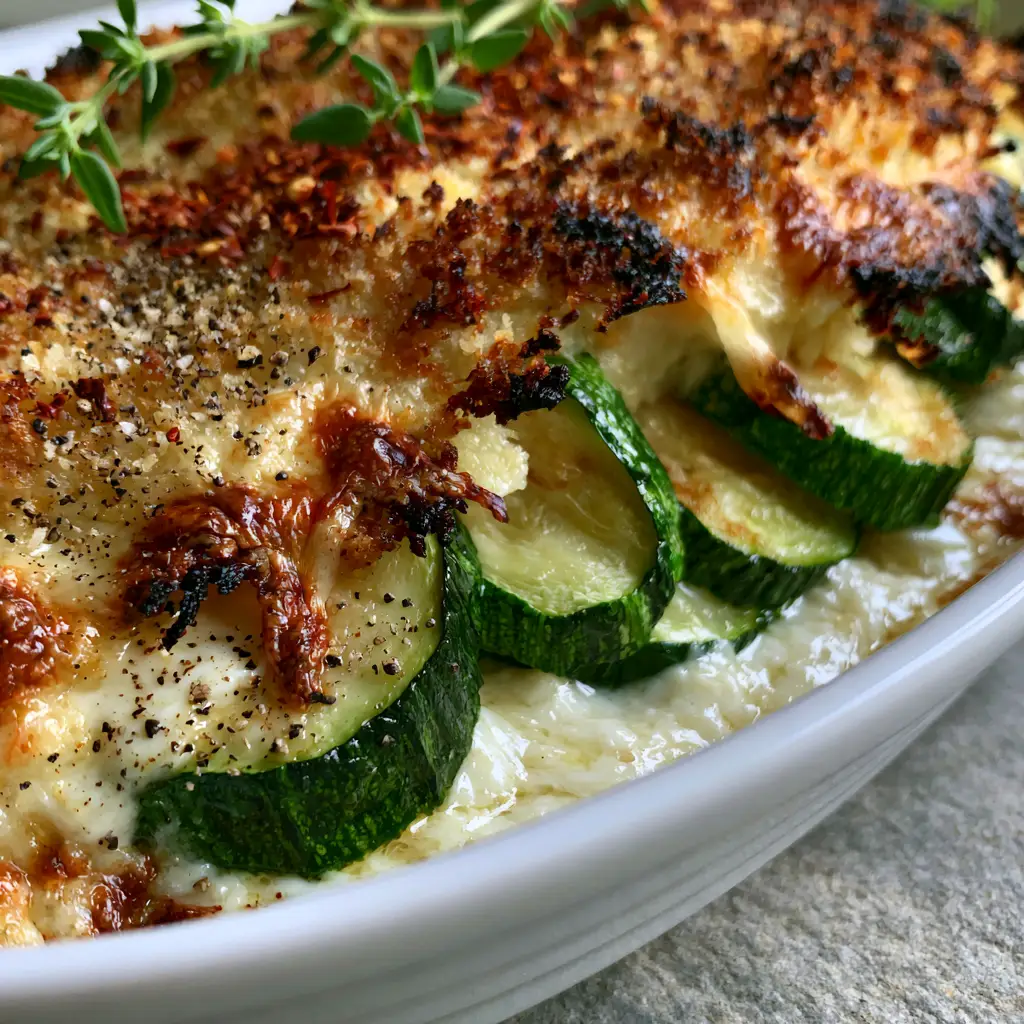 Handheld photo of a crispy Zucchini Casserole in a white dish against a grey stone background with natural side lighting.