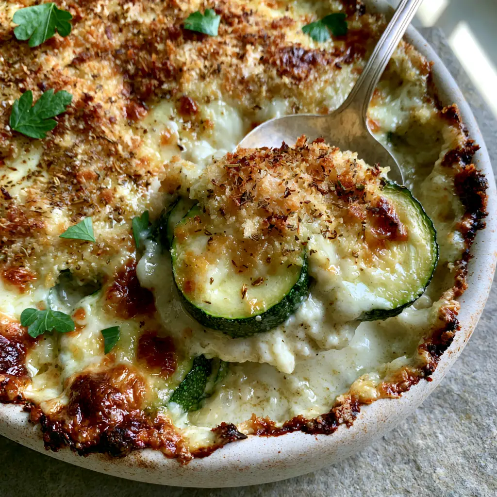 High-angle shot of a rustic white ceramic dish filled with Zucchini and Cheese Casserole in a thick garlic cream sauce.