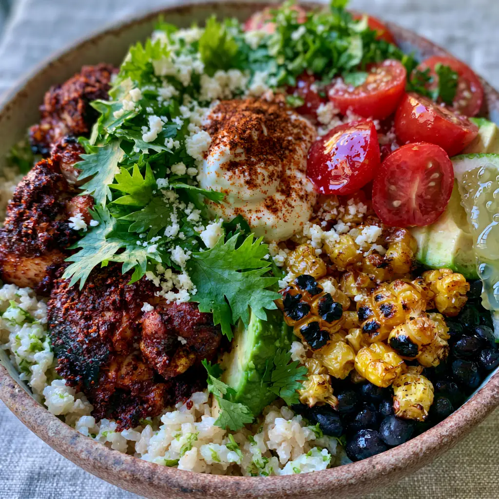 A thick dollop of Greek yogurt topped with smoked paprika on a colorful Chicken Taco Bowl.