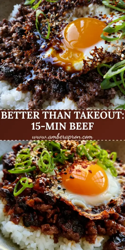 A close-up shot of Korean beef bowls featuring mahogany glazed ground beef, a runny egg yolk, and sesame seeds. (Korean beef bowls)