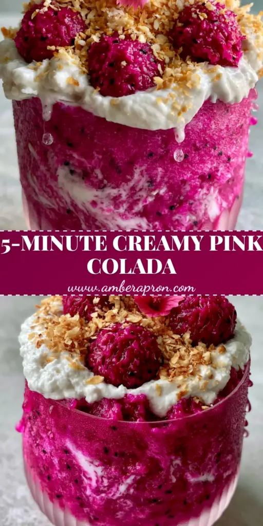 A vibrant magenta Dragon Fruit Colada in a frosted glass with whipped coconut cream and dragon fruit spheres.