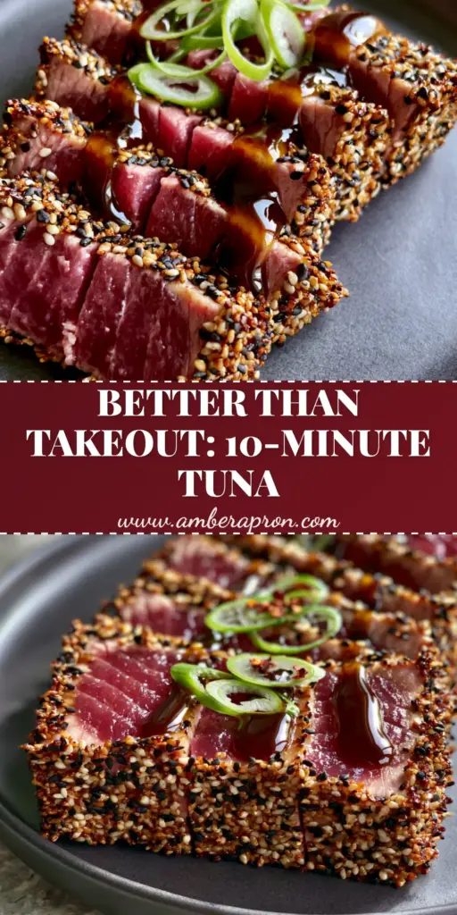 A thick-cut Sesame Ginger Tuna Steak sliced into strips with a heavy sesame crust and glossy glaze on a charcoal plate.
