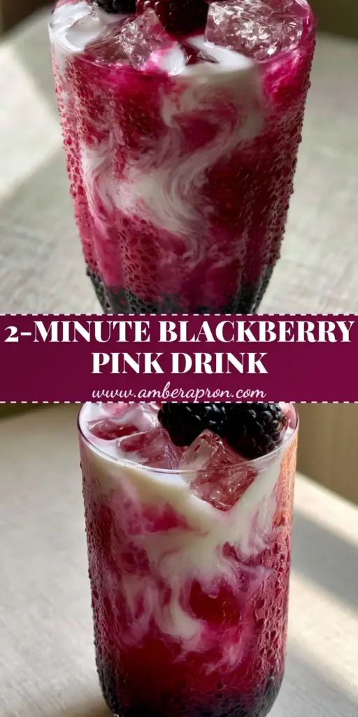 A tall fluted glass with a layered blackberry coconut pink drink, featuring deep purple concentrate, white coconut swirls, and fresh berry garnishes.