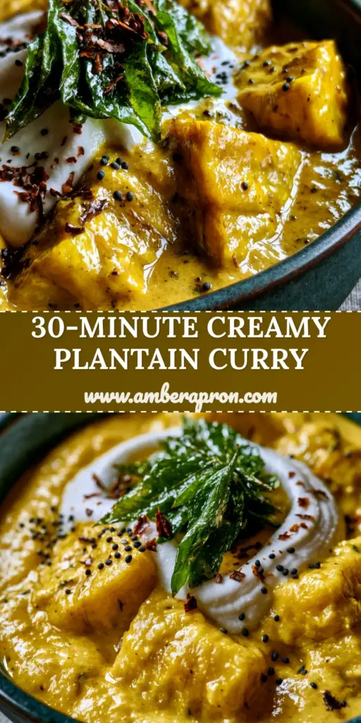 A close-up shot of golden plantain curry in a teal bowl with a coconut cream swirl and fried curry leaves. (plantain curry)