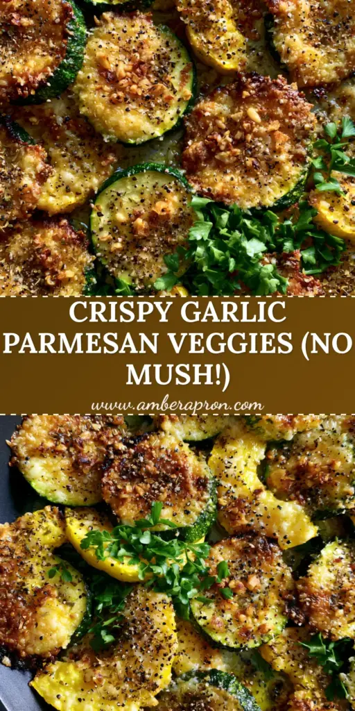 A rustic skillet overflowing with seared garlic parmesan zucchini and squash medley, topped with crispy cheese and fresh parsley.