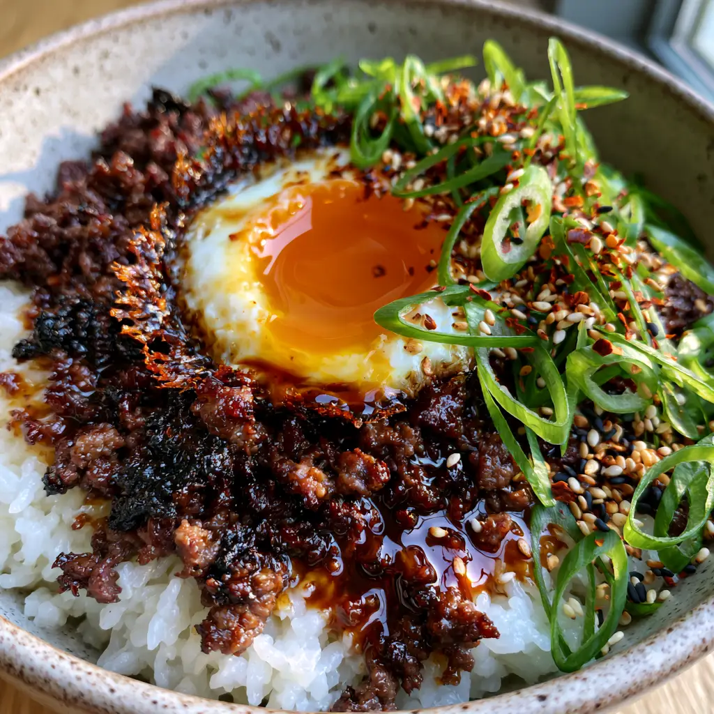 Top-down view of glistening mahogany-colored beef with a bright orange egg yolk and crispy edges. (Korean beef bowls)