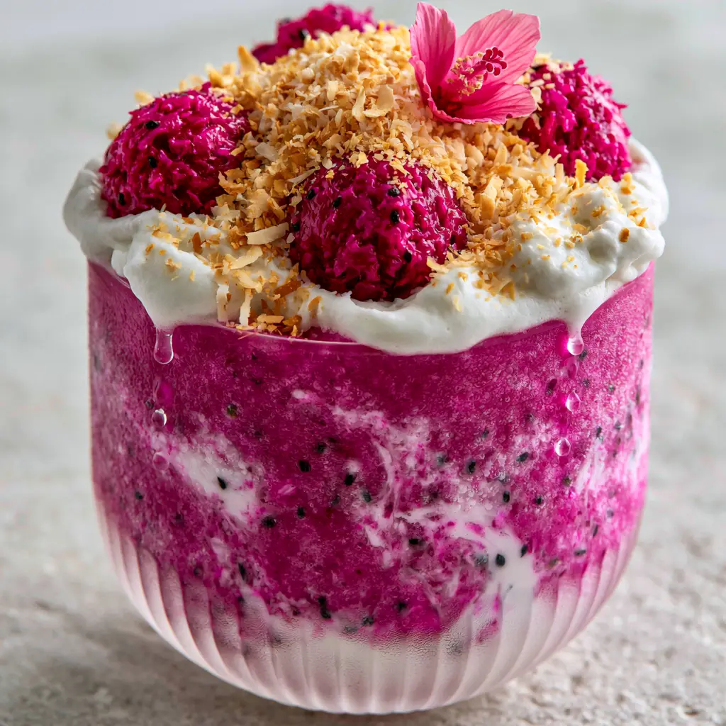 Top view of Dragon Fruit Colada with toasted coconut and hibiscus garnish.
