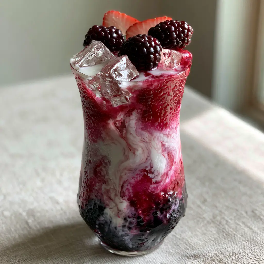 Smartphone photo of a blackberry coconut pink drink on a linen surface with natural window lighting.