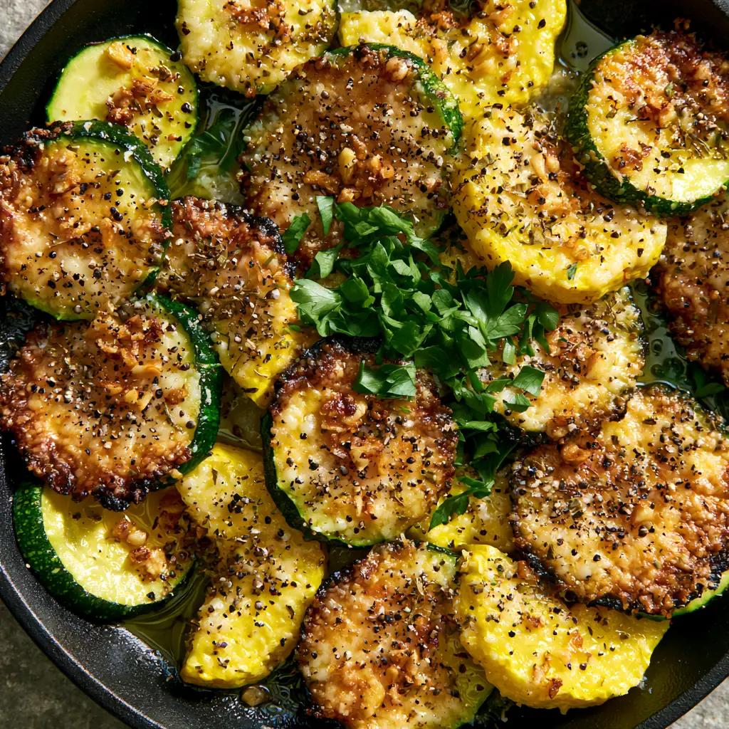 Close up view of melted golden parmesan crust on charred yellow squash crescents. (garlic parmesan zucchini and squash medley)