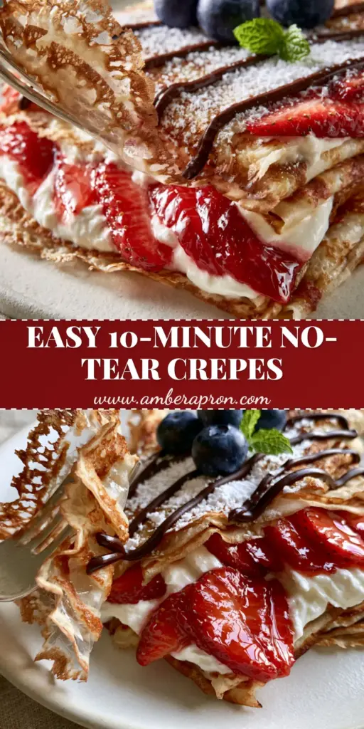 A stack of golden-brown fruit crepes with lacy edges, topped with strawberries, blueberries, and hazelnut drizzle on a white plate.