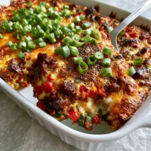 Overhead view of a breakfast casserole in a white ceramic dish featuring bubbling cheddar cheese and red peppers. (breakfast recipes)