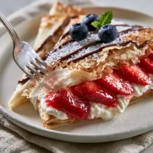 Close-up of a stack of delicate fruit crepes showing the lacy browned edges and strawberry filling. (fruit crepes)