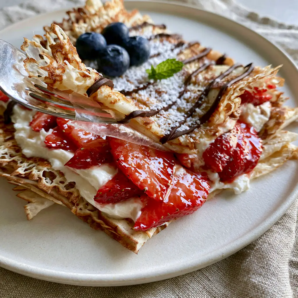 A fork lifting a thin fruit crepe to reveal the creamy Greek yogurt and fresh fruit layers inside.