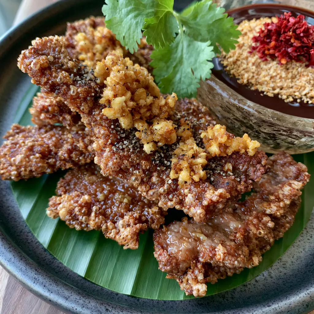 Rustic glass bowl of dark mahogany tamarind dipping sauce topped with toasted rice powder and chili flakes next to Thai Fried Pork.
