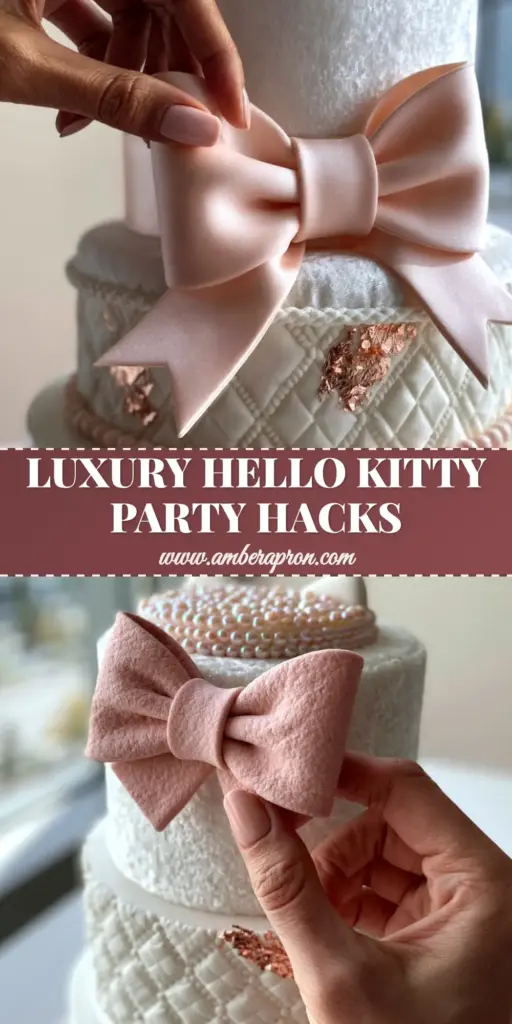 A luxury three-tiered white cake with blush pink bows and rose gold accents for Hello Kitty Birthday Party Ideas.