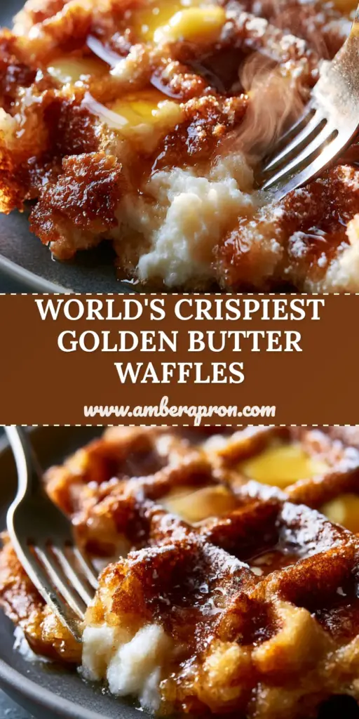 A stack of deep golden butter waffles with melted butter and syrup on a dark plate.