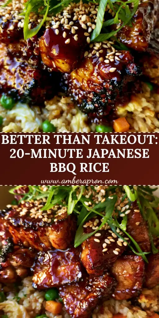 A shallow matte cream bowl filled with Japanese BBQ Chicken Fried Rice, featuring thick mahogany glazed chicken chunks, golden rice, green peas, and egg ribbons. (Japanese BBQ Chicken Fried Rice)