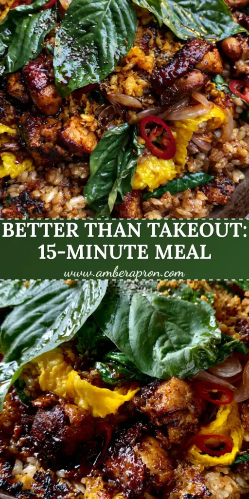 A close-up of Thai basil chicken fried rice in a carbon steel wok with charred rice grains, seared chicken, and fresh emerald-green basil leaves.
