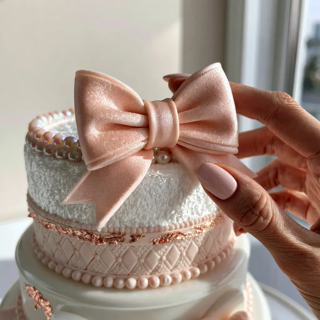 Detailed view of quilted embossing and iridescent sugar pearls on a tiered Hello Kitty cake.